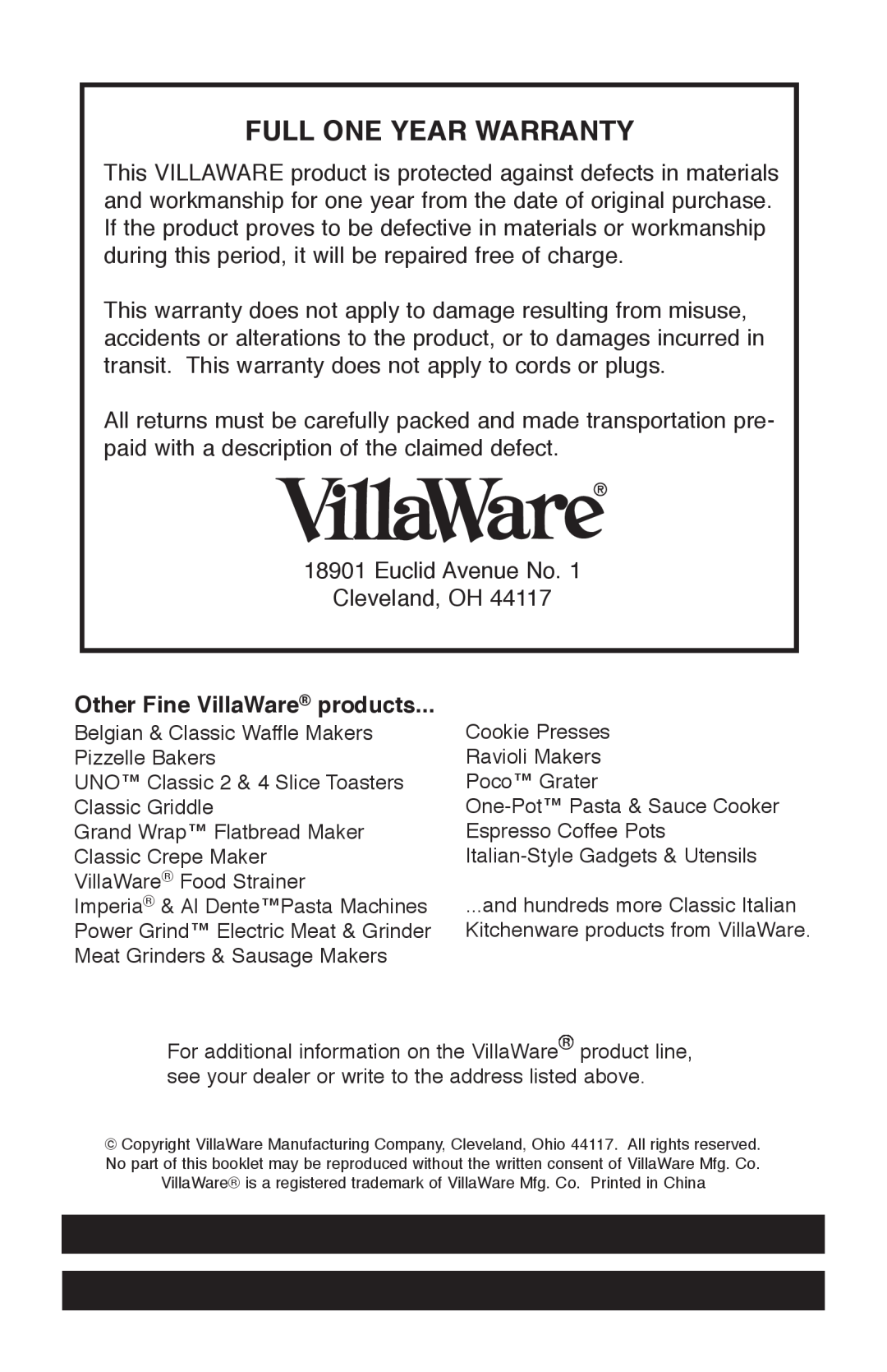 Villaware 5230 manual Full One Year Warranty, Other Fine VillaWare products 