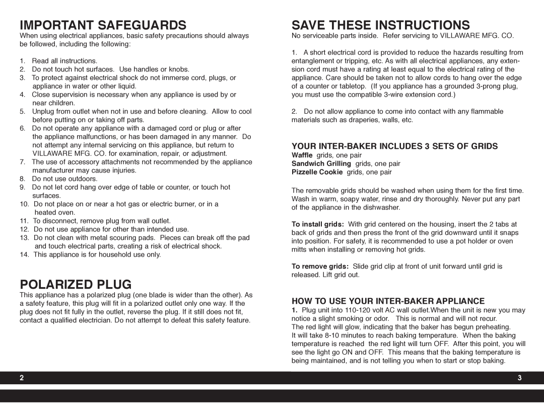 Villaware 5230 Important Safeguards, Polarized Plug, Save These Instructions, YOUR INTER-BAKERINCLUDES 3 SETS OF GRIDS 