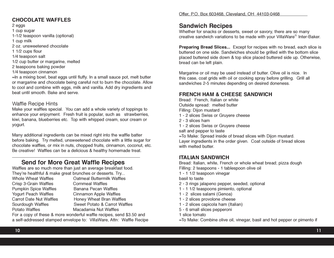Villaware 5230 manual Send for More Great Waffle Recipes, Sandwich Recipes, Chocolate Waffles, Waffle Recipe Hints 