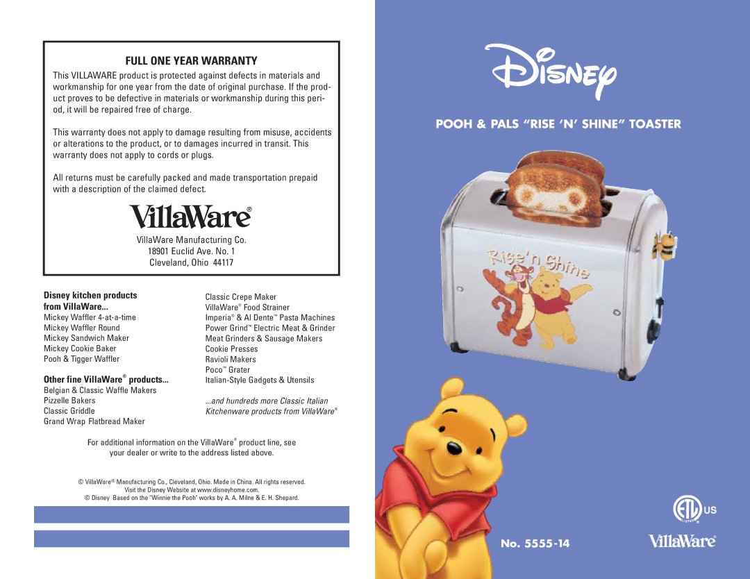 Villaware 5555-14 warranty Pooh & Pals Rise ‘N’ Shine Toaster 