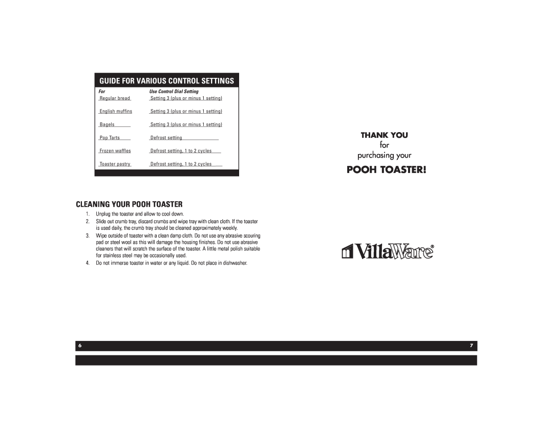 Villaware 5555-14 warranty Guide For Various Control Settings, Cleaning Your Pooh Toaster, for purchasing your, Thank You 