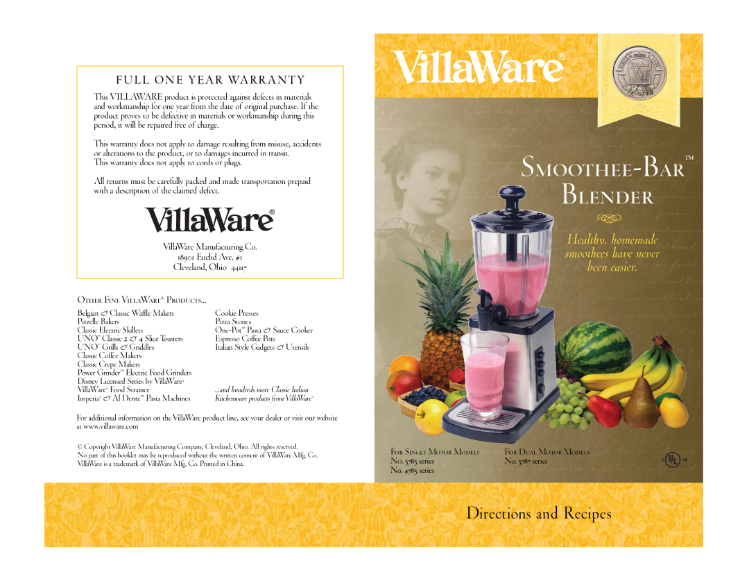 Villaware 5785 warranty Smoothee-Bar Blender 