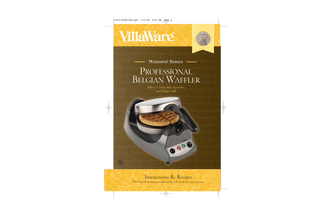 Villaware BELGIAN WAFFLER manual Professional Belgian Waffler 