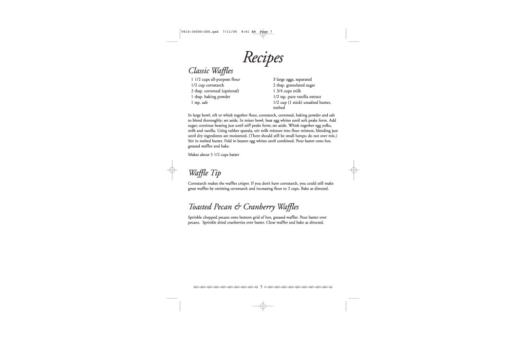 Villaware BELGIAN WAFFLER manual Waffle Tip, Toasted Pecan & Cranberry Waffles, Recipes, Classic Waffles 