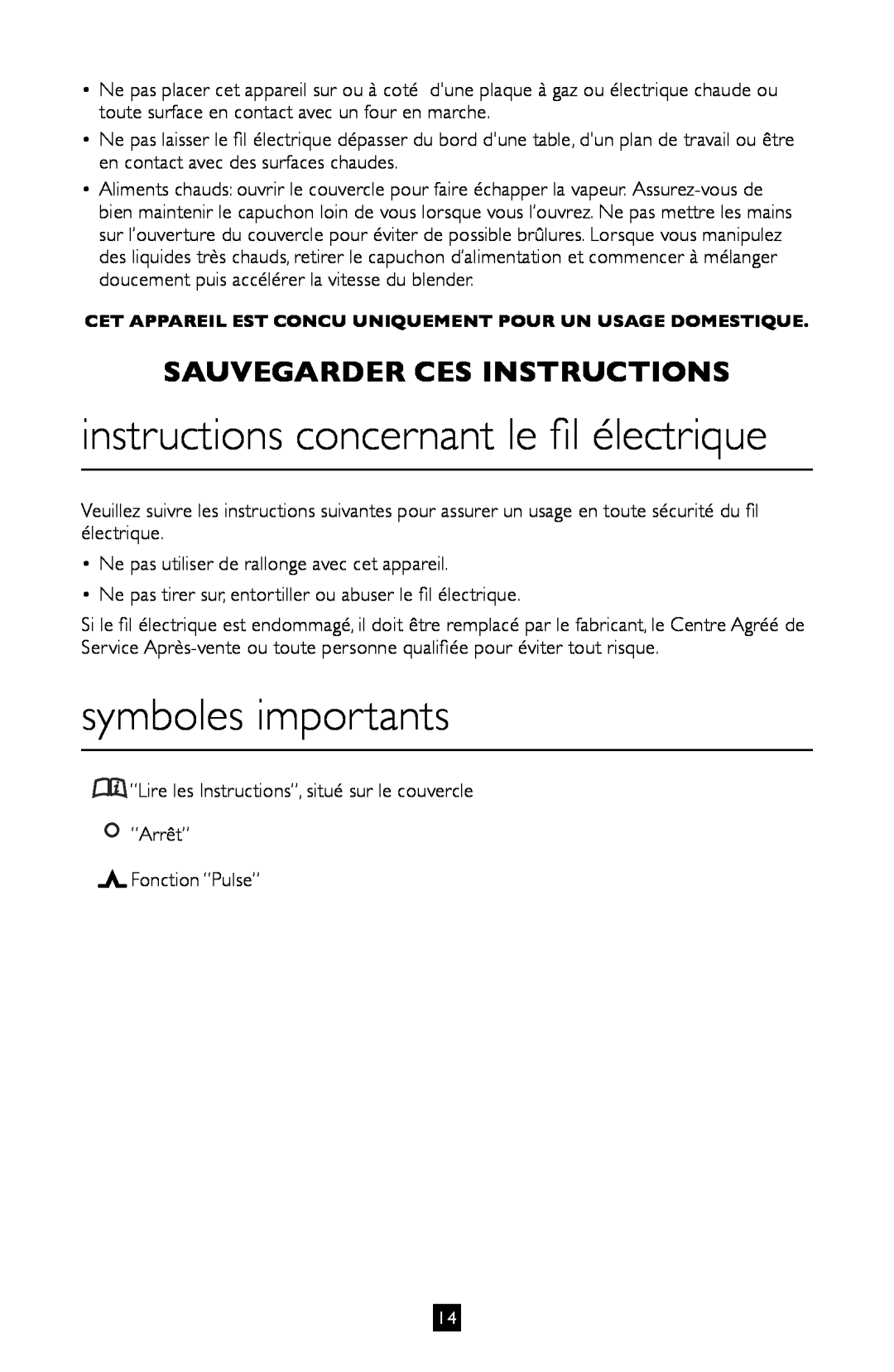 Villaware BLVLLAZ05H instructions concernant le fil électrique, symboles importants, Sauvegarder Ces Instructions 