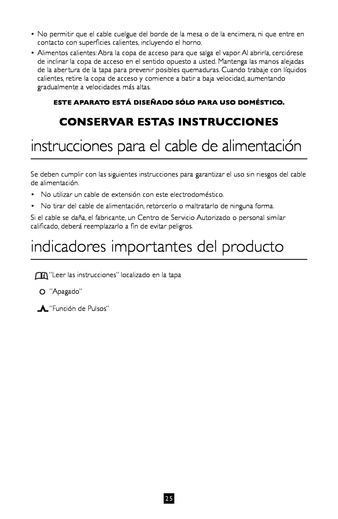 Villaware BLVLLAZ05H instruction manual indicadores importantes del producto, Conservar Estas Instrucciones 