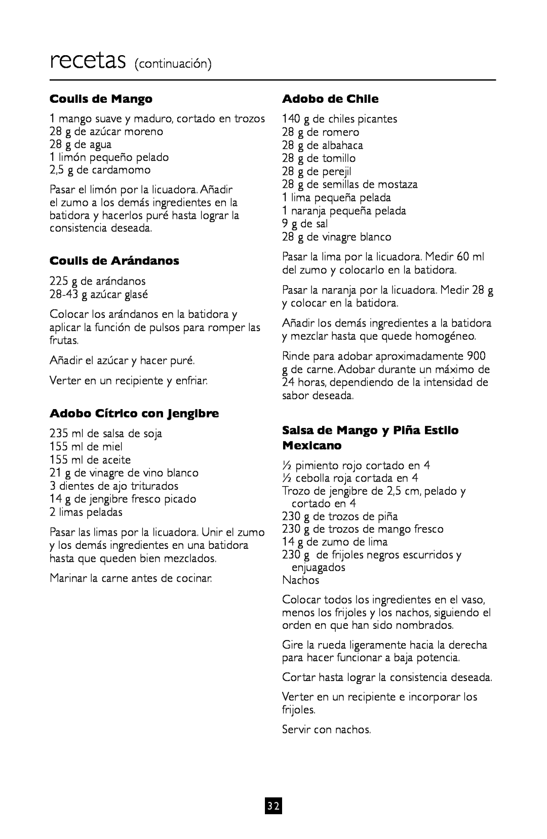 Villaware BLVLLAZ05H recetas continuación, Coulis de Mango, Coulis de Arándanos, Adobo Cítrico con Jengibre 