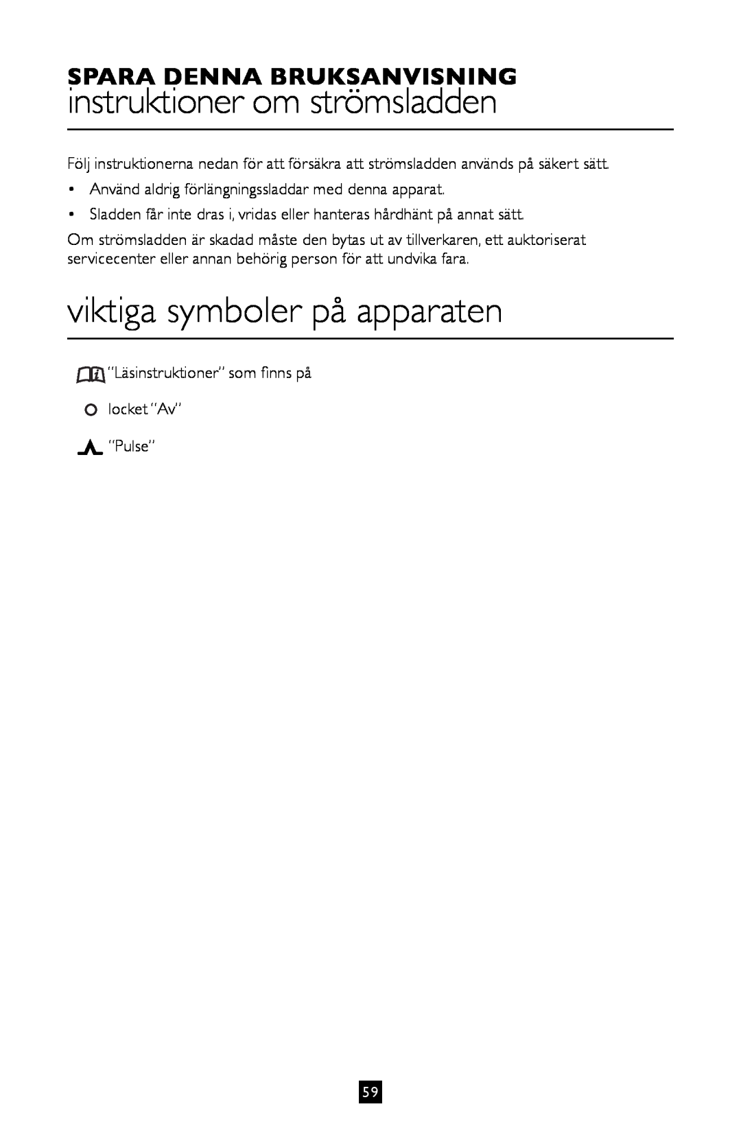 Villaware BLVLLAZ05H instruktioner om strömsladden, viktiga symboler på apparaten, Spara Denna Bruksanvisning 
