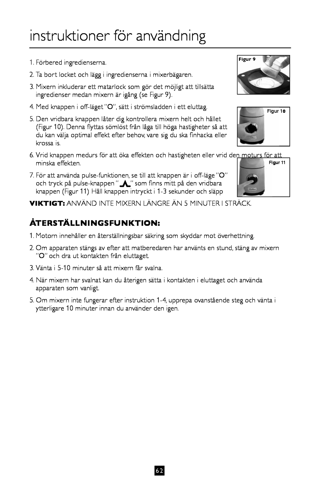 Villaware BLVLLAZ05H instruction manual instruktioner för användning, Återställningsfunktion, minska effekten 