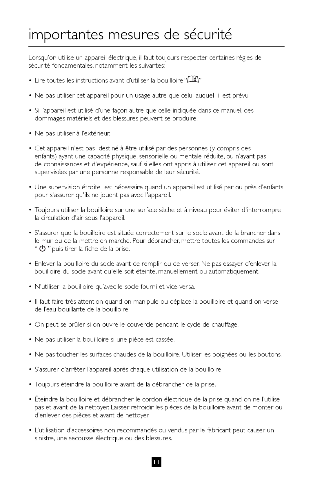 Villaware BVVLKTSL01 Importantes mesures de sécurité, Ne pas utiliser à l’extérieur, Puis tirer la fiche de la prise 