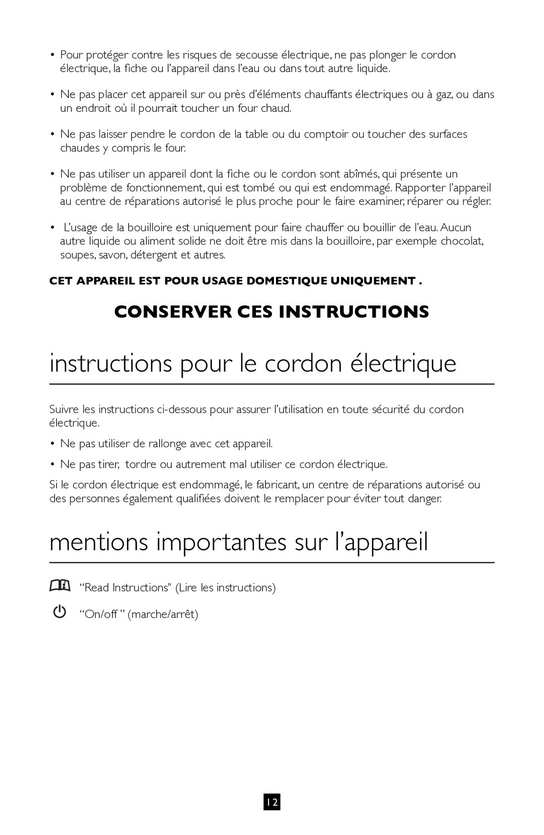 Villaware BVVLKTSL01 instruction manual Instructions pour le cordon électrique, Mentions importantes sur l’appareil 