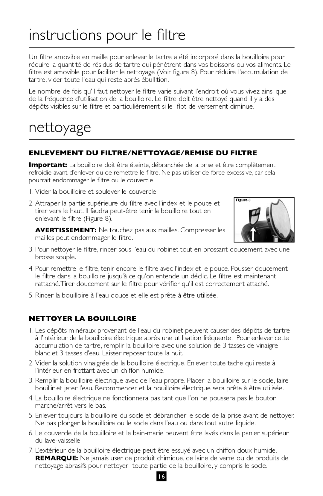 Villaware BVVLKTSL01 instruction manual Instructions pour le filtre, Nettoyage 