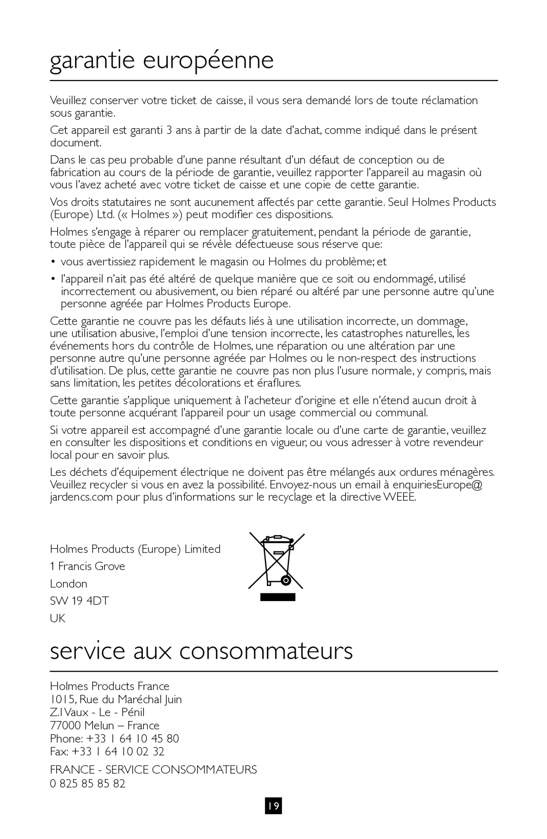 Villaware BVVLKTSL01 instruction manual Garantie européenne, Service aux consommateurs 