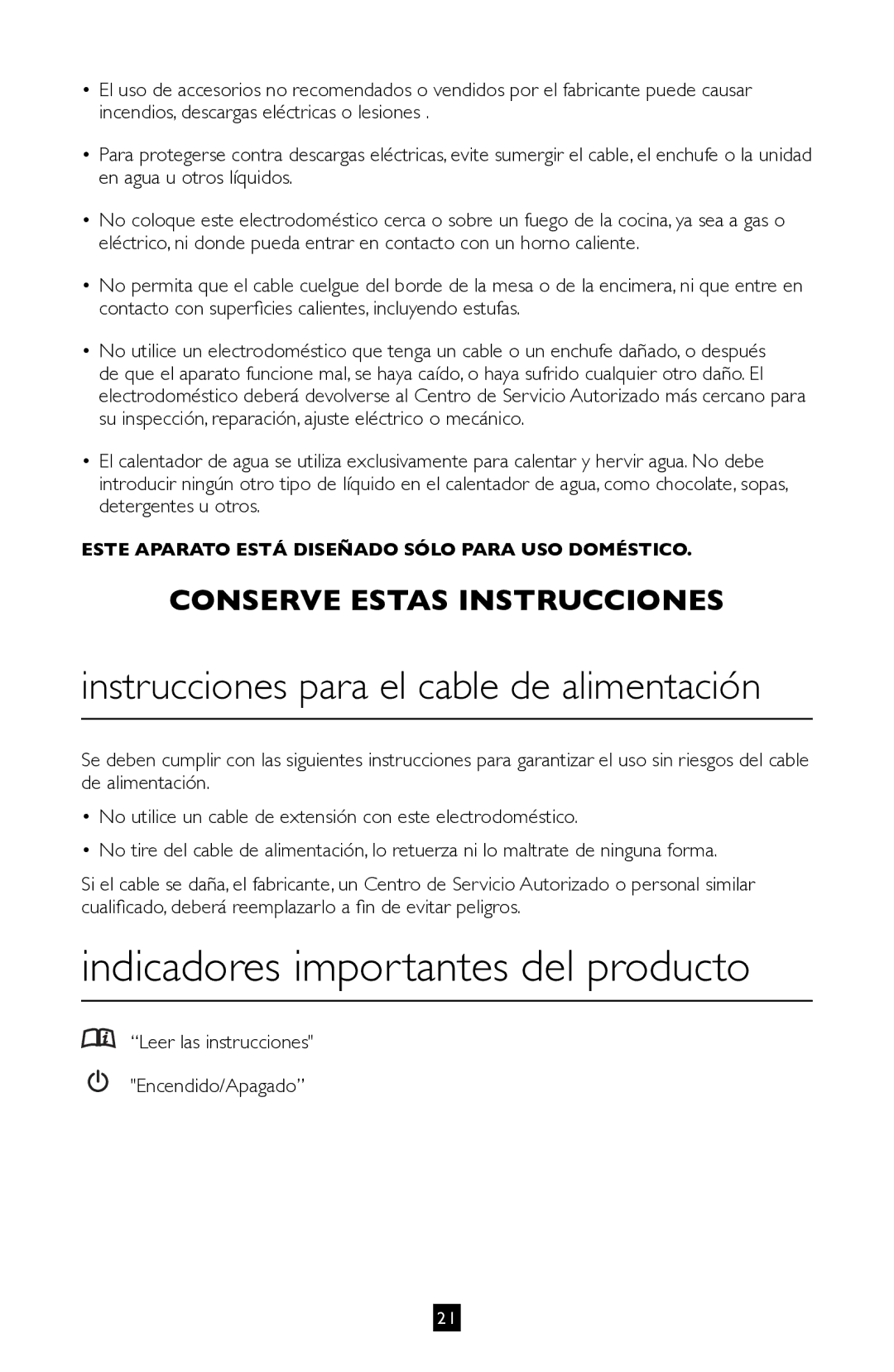 Villaware BVVLKTSL01 instruction manual Indicadores importantes del producto, Instrucciones para el cable de alimentación 