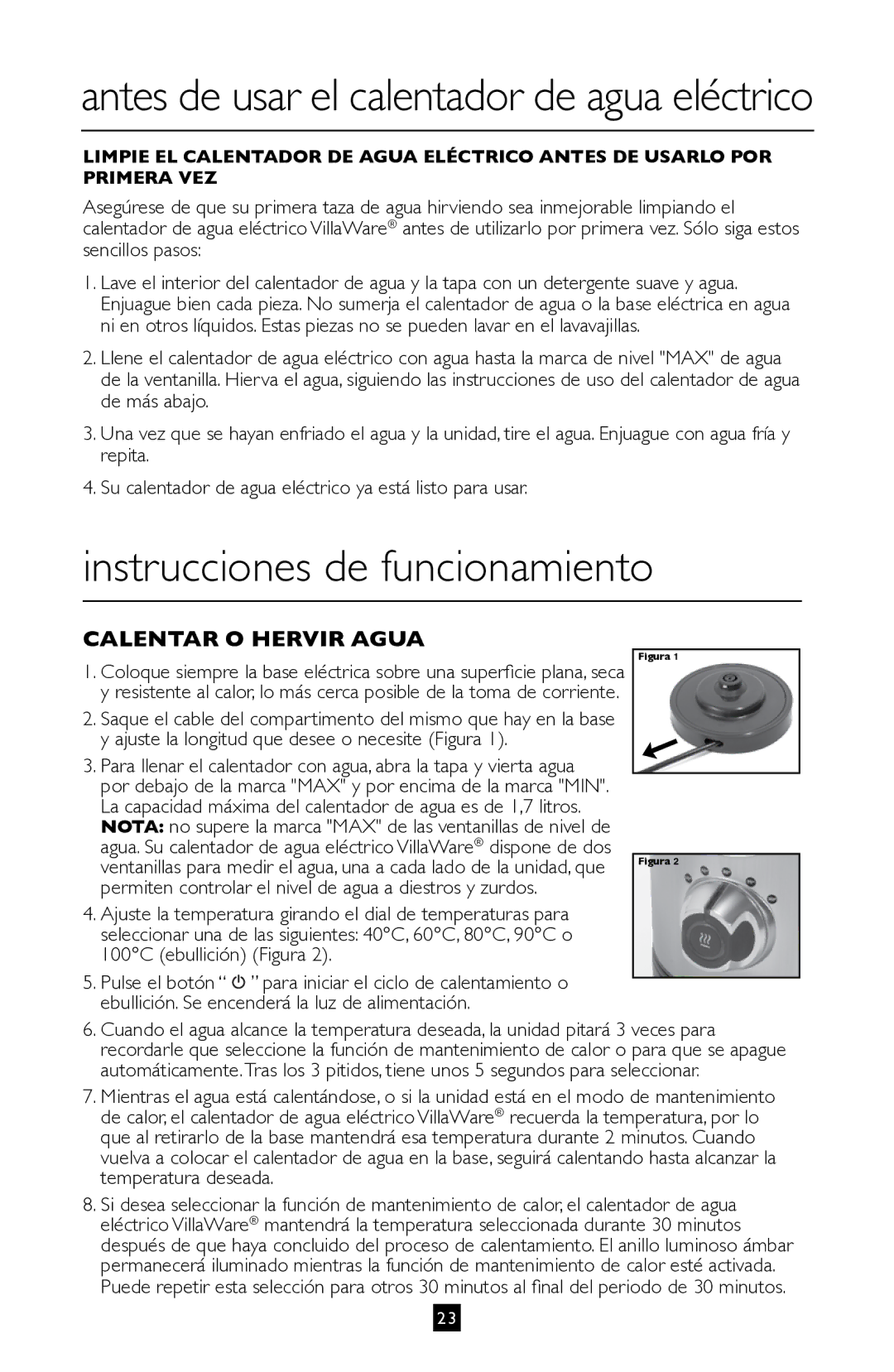 Villaware BVVLKTSL01 instruction manual Instrucciones de funcionamiento, Calentar O Hervir Agua 