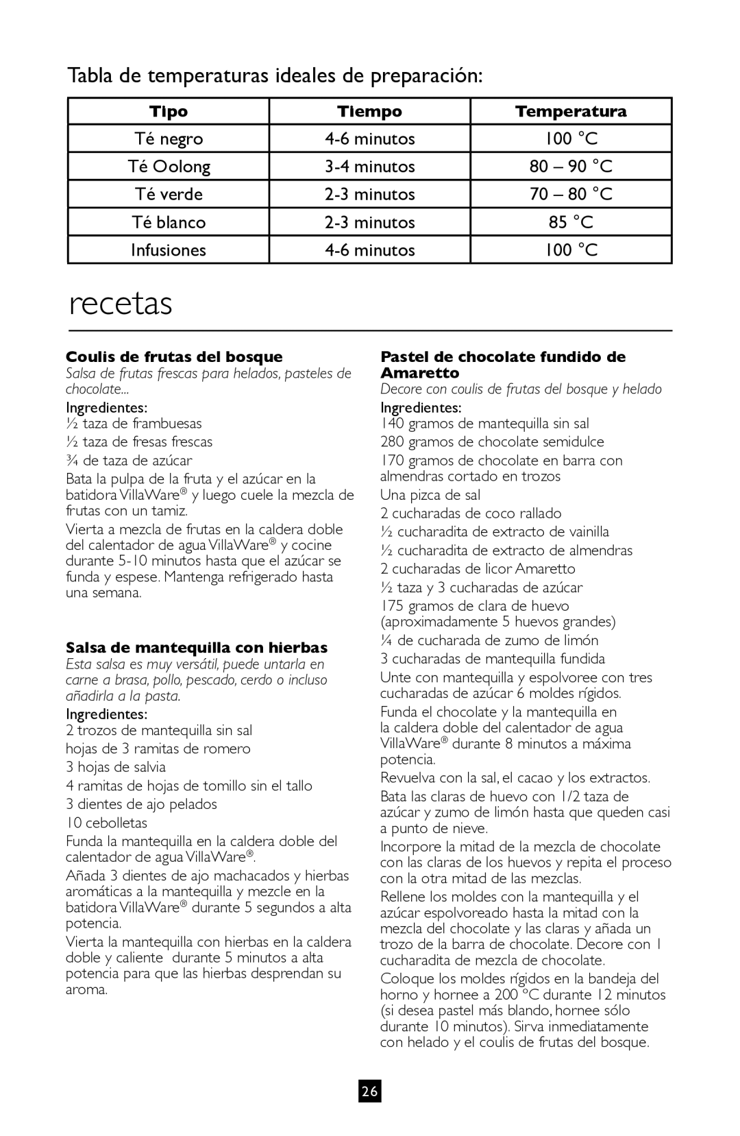 Villaware BVVLKTSL01 instruction manual Recetas, Tipo Tiempo Temperatura 