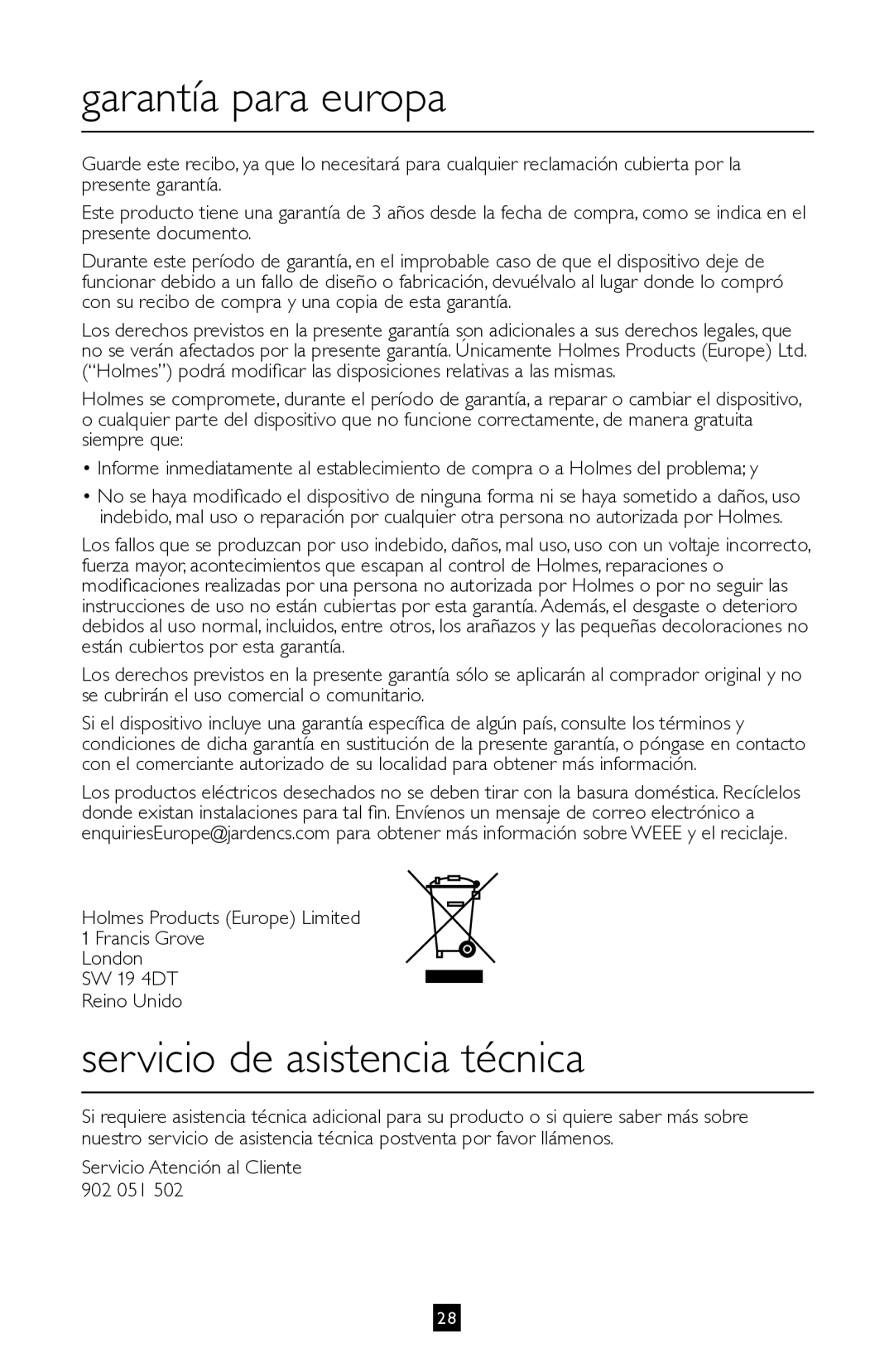 Villaware BVVLKTSL01 Garantía para europa, Servicio de asistencia técnica, Servicio Atención al Cliente 902 051 