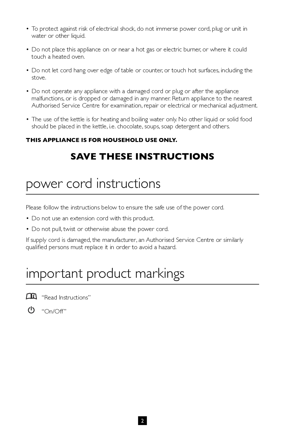 Villaware BVVLKTSL01 instruction manual Power cord instructions, Important product markings, Read Instructions On/Off 