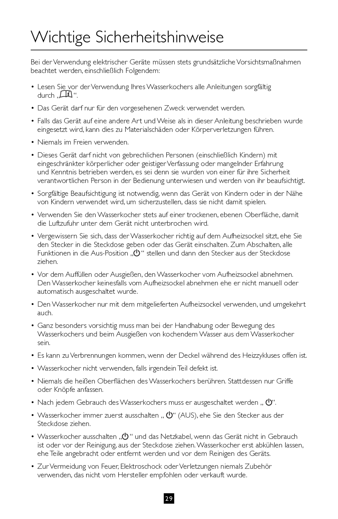 Villaware BVVLKTSL01 instruction manual Wichtige Sicherheitshinweise, Niemals im Freien verwenden 