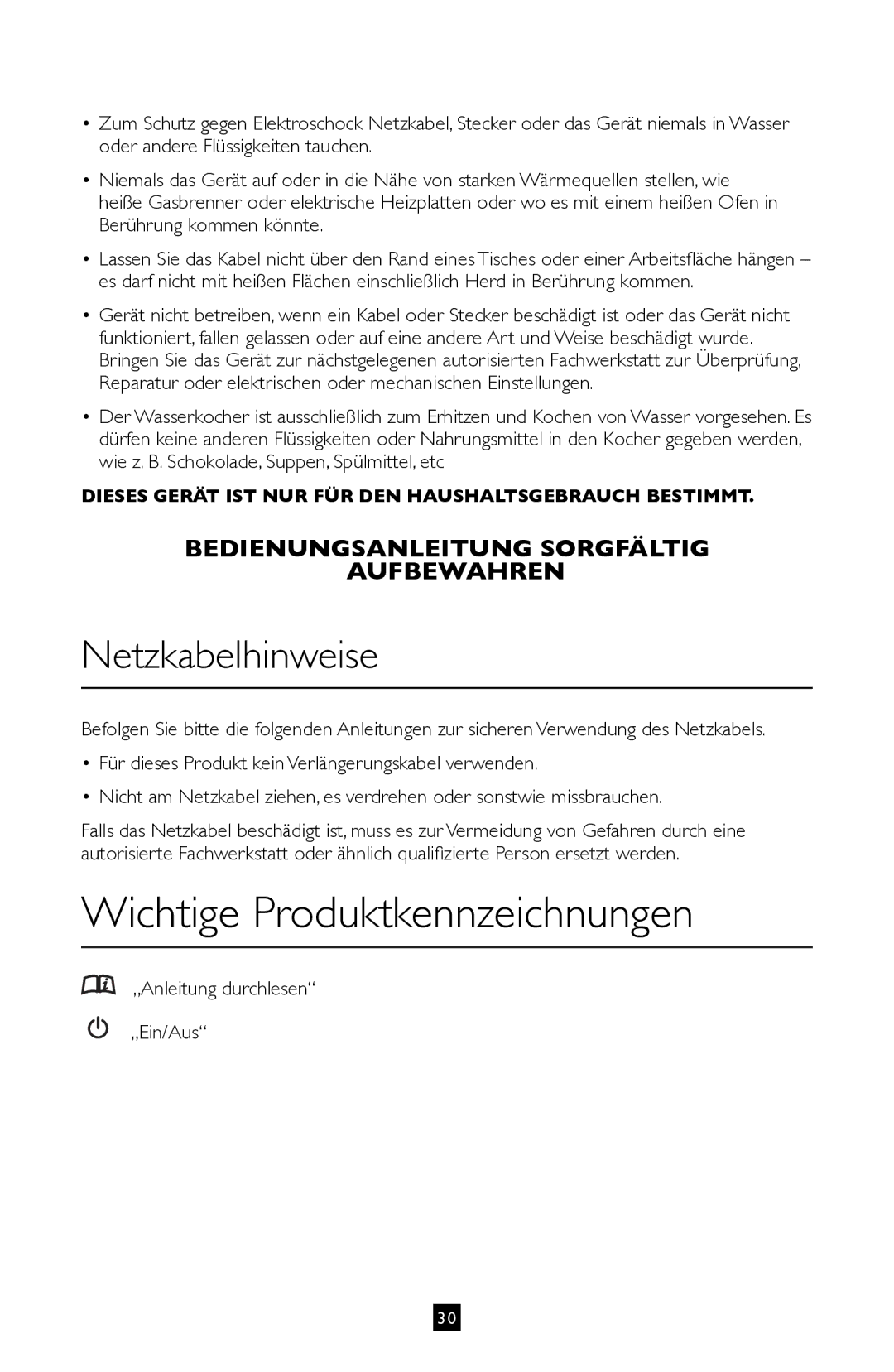 Villaware BVVLKTSL01 instruction manual Wichtige Produktkennzeichnungen, Netzkabelhinweise, „Anleitung durchlesen „Ein/Aus 