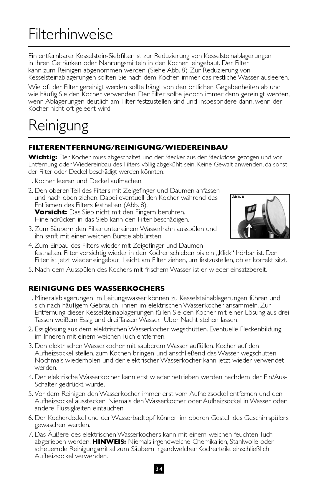 Villaware BVVLKTSL01 instruction manual Filterhinweise, Reinigung, Kocher leeren und Deckel aufmachen 