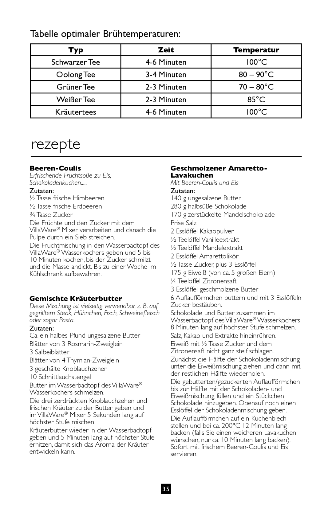 Villaware BVVLKTSL01 instruction manual Rezepte, Typ Zeit Temperatur 