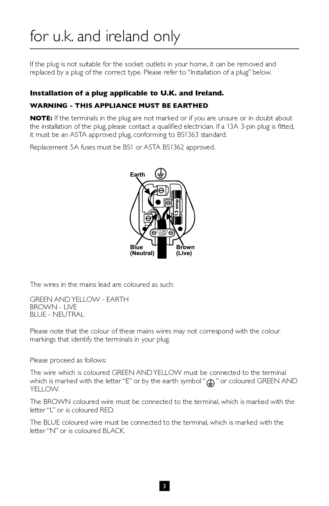 Villaware BVVLKTSL01 instruction manual For u.k. and ireland only, Installation of a plug applicable to U.K. and Ireland 