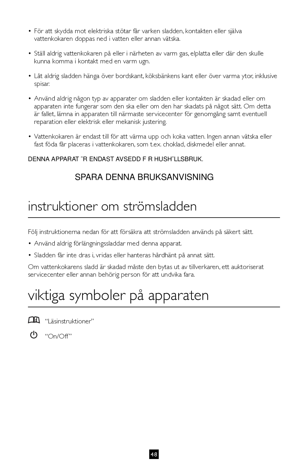 Villaware BVVLKTSL01 Viktiga symboler på apparaten, Instruktioner om strömsladden, Läsinstruktioner On/Off 