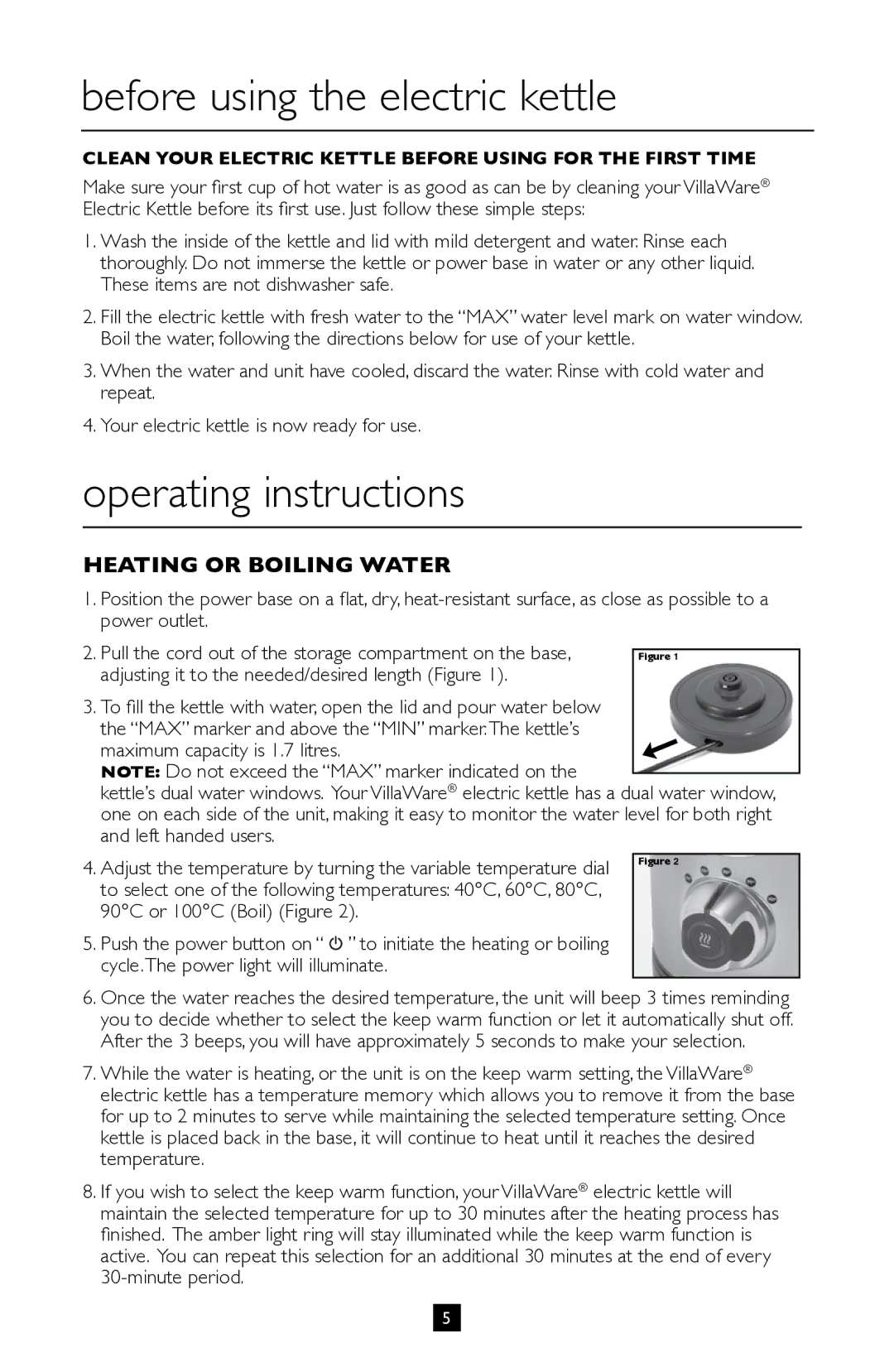 Villaware BVVLKTSL01 instruction manual Before using the electric kettle, Operating instructions, Minute period 