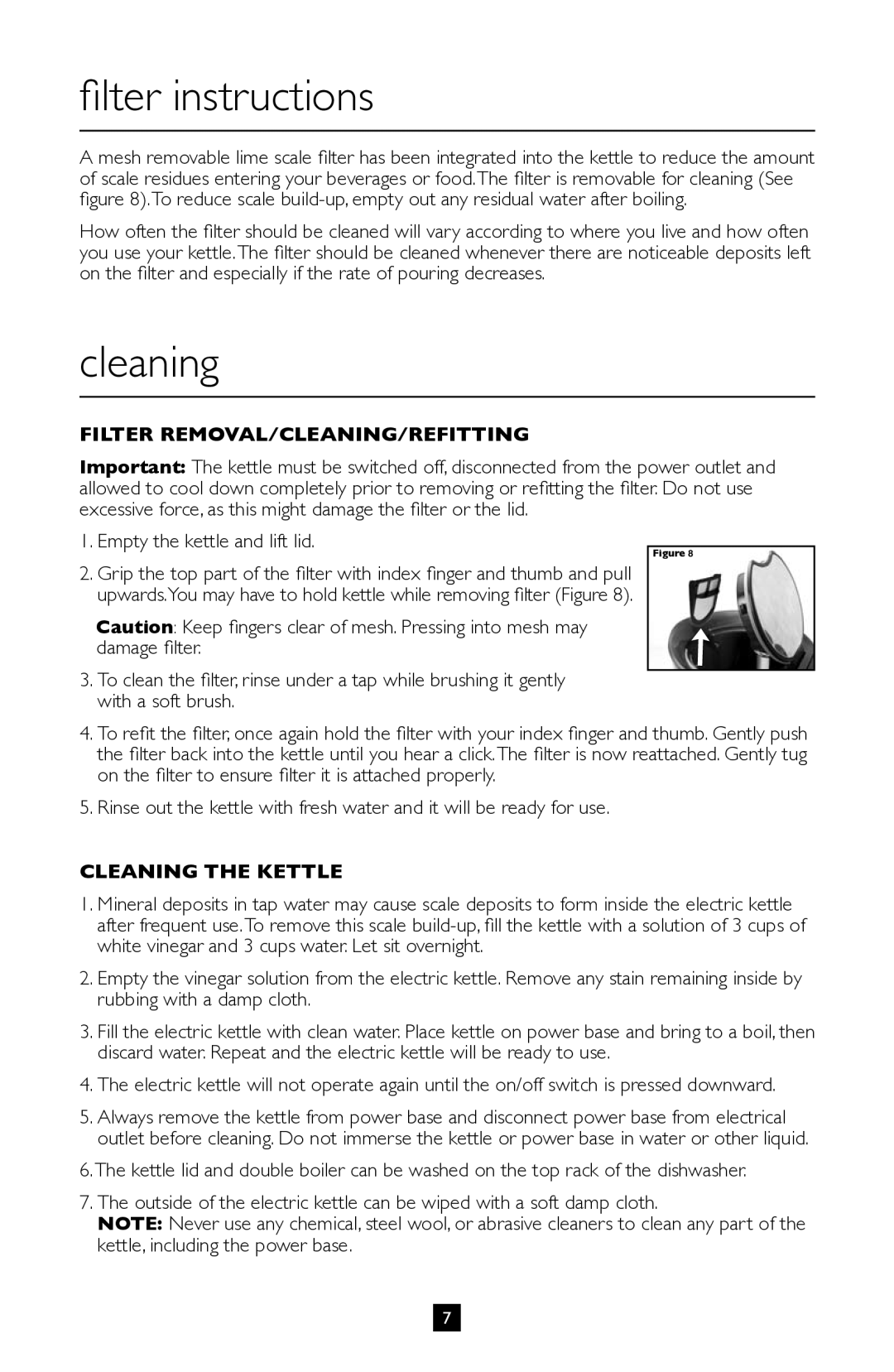 Villaware BVVLKTSL01 instruction manual Filter instructions, Cleaning 