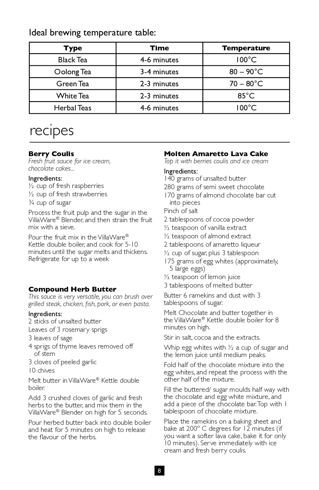 Villaware BVVLKTSL01 Recipes, Type Time Temperature, Berry Coulis, Compound Herb Butter, Molten Amaretto Lava Cake 