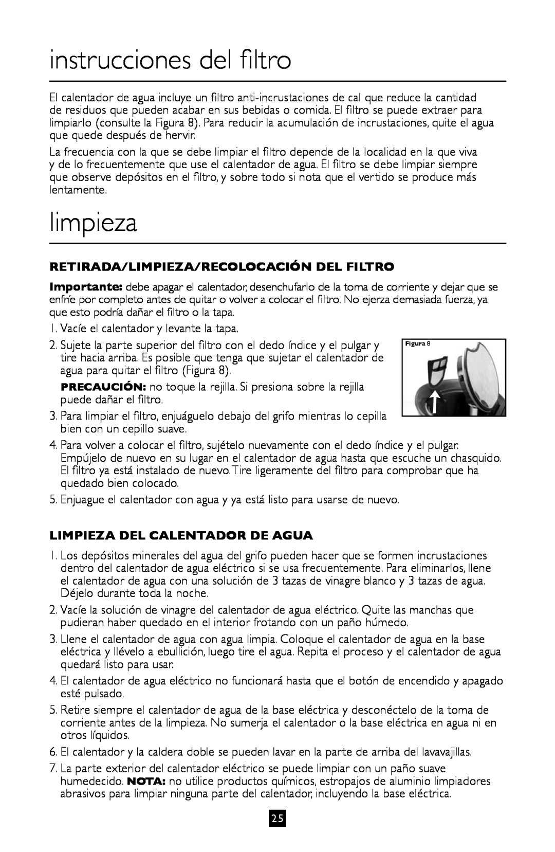 Villaware BVVLKTSL01 instruction manual instrucciones del filtro, limpieza, Retirada/Limpieza/Recolocación Del Filtro 