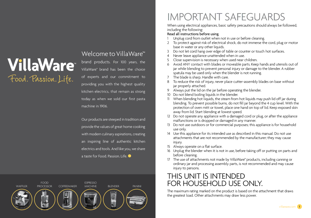 Villaware NDVLCB0100 owner manual Important Safeguards 