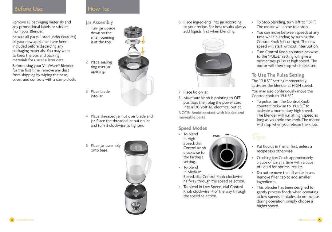 Villaware NDVLCB0100 owner manual Before Use, How To, Jar Assembly, Speed Modes, To Use The Pulse Setting 