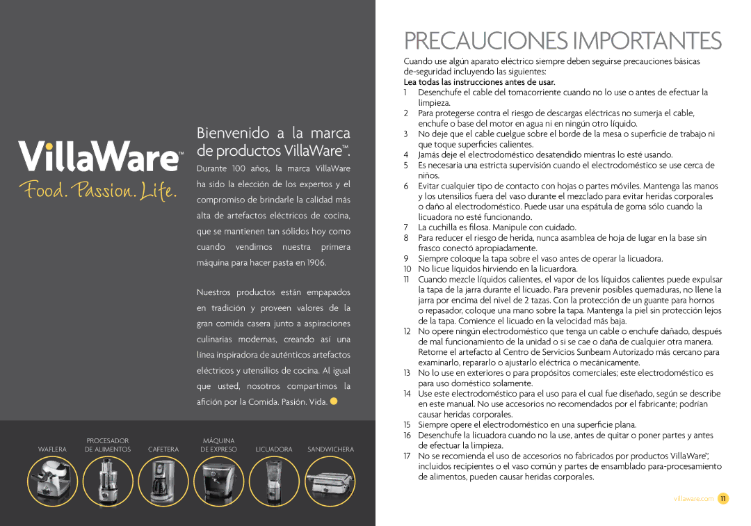 Villaware NDVLCB0100 owner manual Bienvenido a la marca de productos VillaWare, Limpieza 