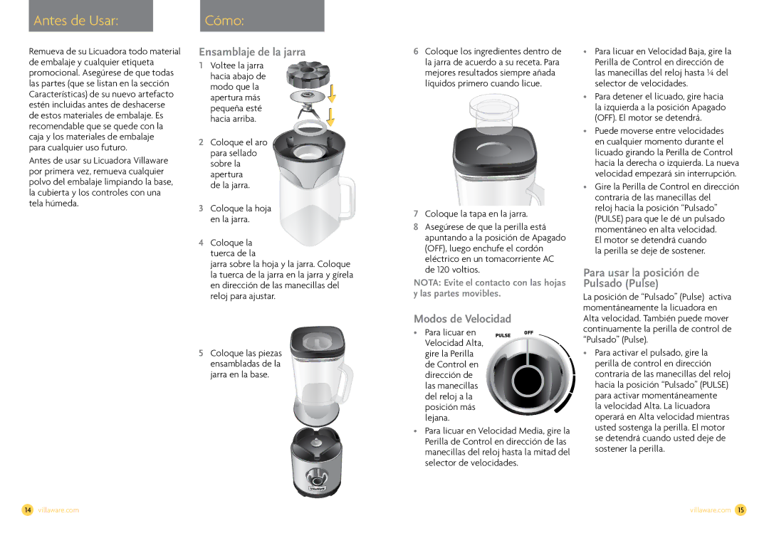 Villaware NDVLCB0100 owner manual Antes de Usar Cómo, Ensamblaje de la jarra, Modos de Velocidad 