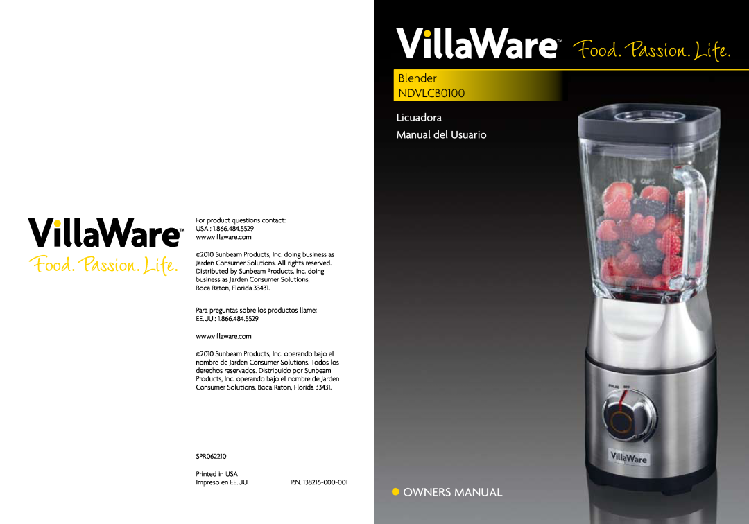 Villaware owner manual Blender NDVLCB0100, Licuadora Manual del Usuario 