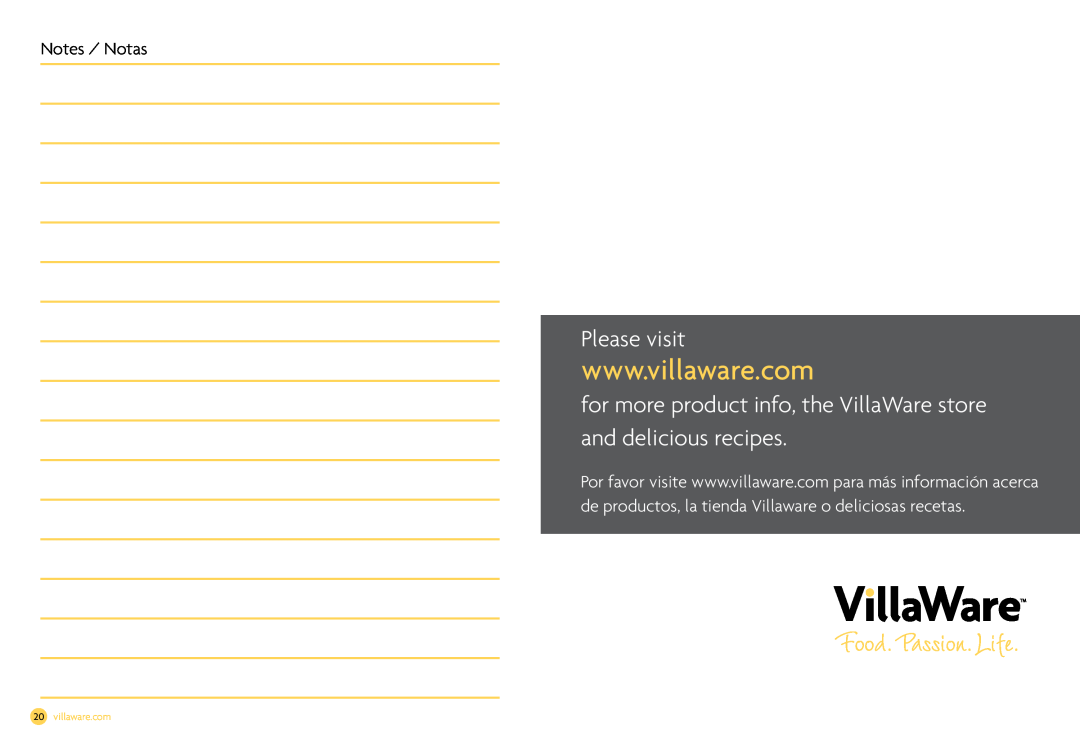 Villaware NDVLCB0100 owner manual Please visit, Notes / Notas 