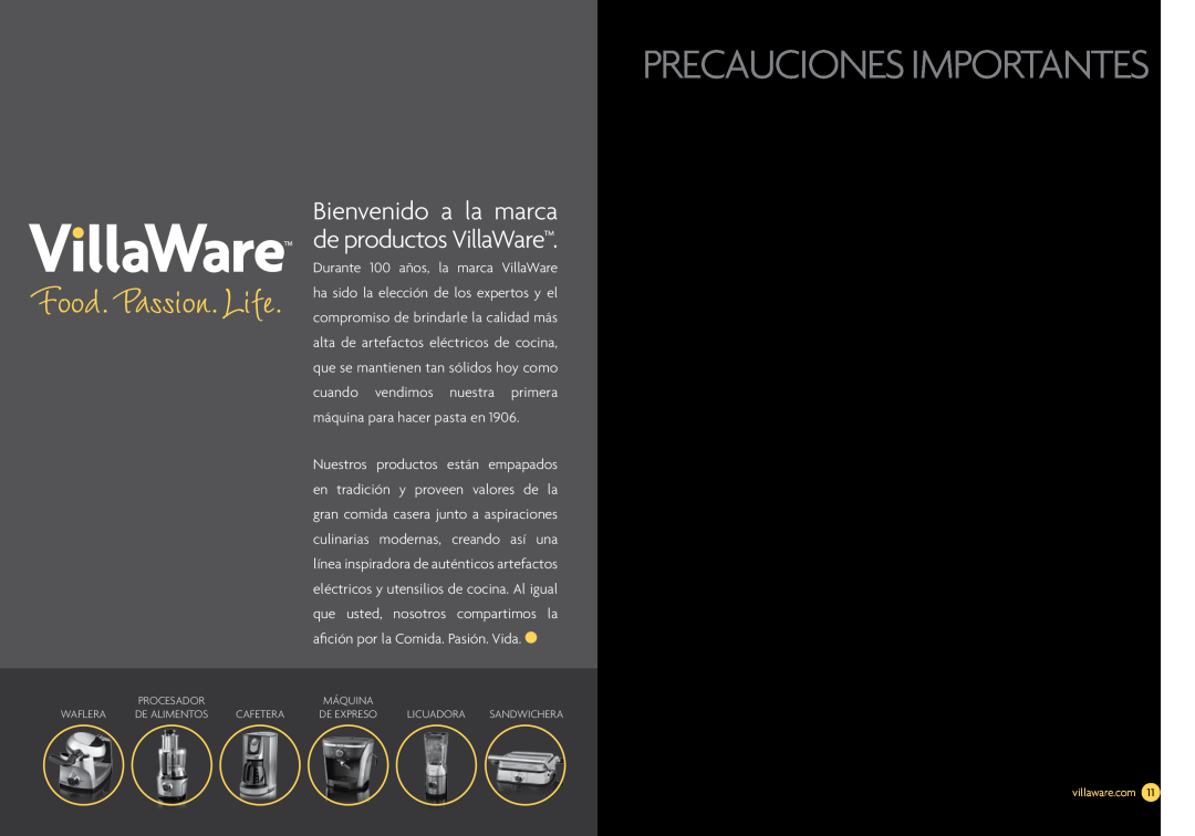 Villaware NDVLCB0100 owner manual Precauciones Importantes, Bienvenido a la marca de productos VillaWare 