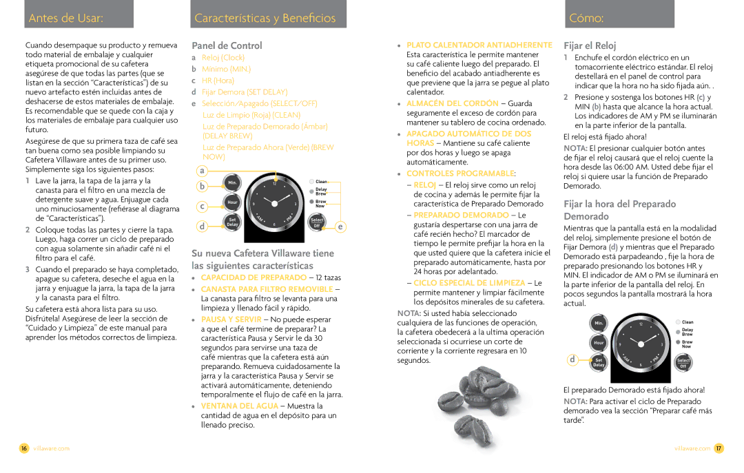 Villaware NDVLCD0000 Antes de Usar, Cómo, Panel de Control, Fijar el Reloj, Fijar la hora del Preparado Demorado 
