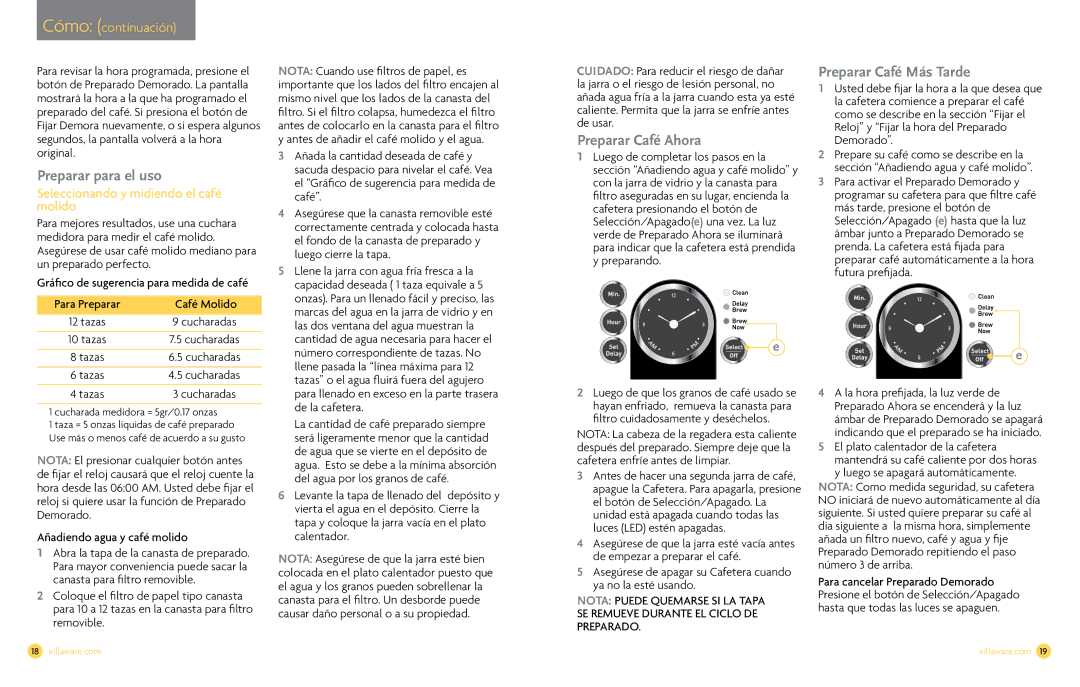 Villaware NDVLCD0000 owner manual Preparar para el uso, Preparar Café Ahora, Preparar Café Más Tarde 