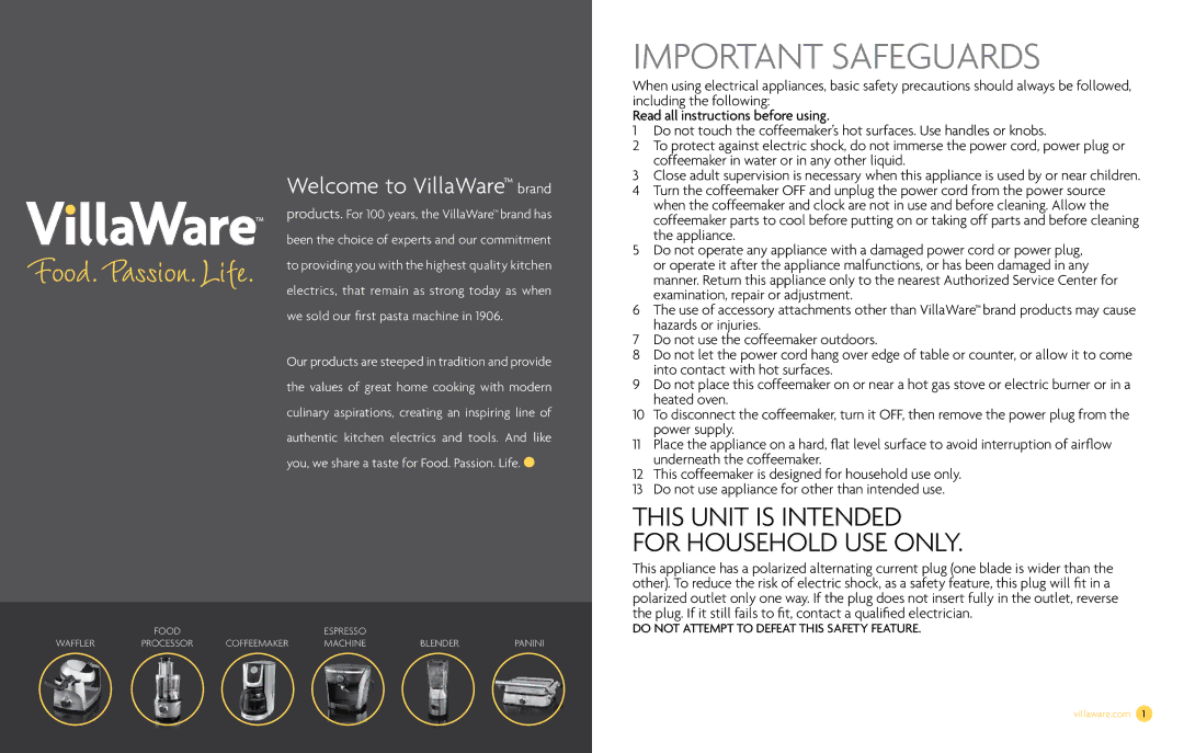 Villaware NDVLCD0000 owner manual Important Safeguards 