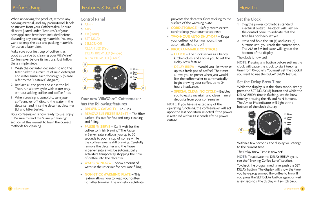 Villaware NDVLCD0000 owner manual Before Using, How To, Control Panel, Set the Clock, Set the Delay Brew Time 