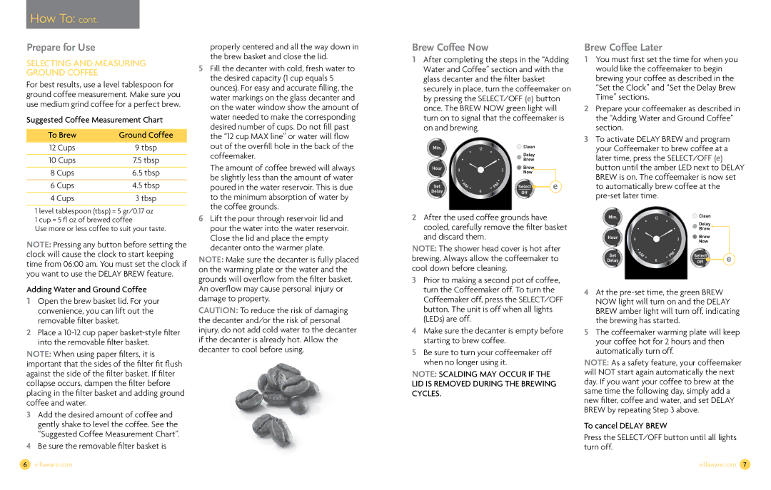 Villaware NDVLCD0000 Prepare for Use, Brew Coffee Now, Brew Coffee Later, Be sure the removable filter basket is 
