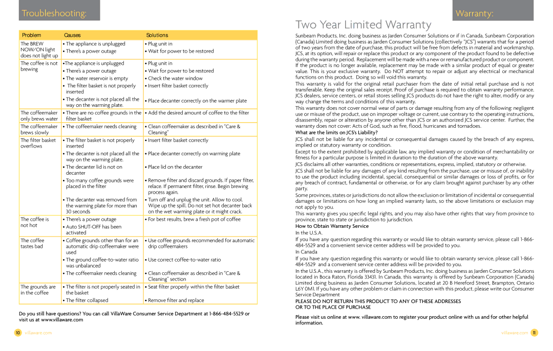 Villaware NDVLCD0000 owner manual Troubleshooting, Warranty 