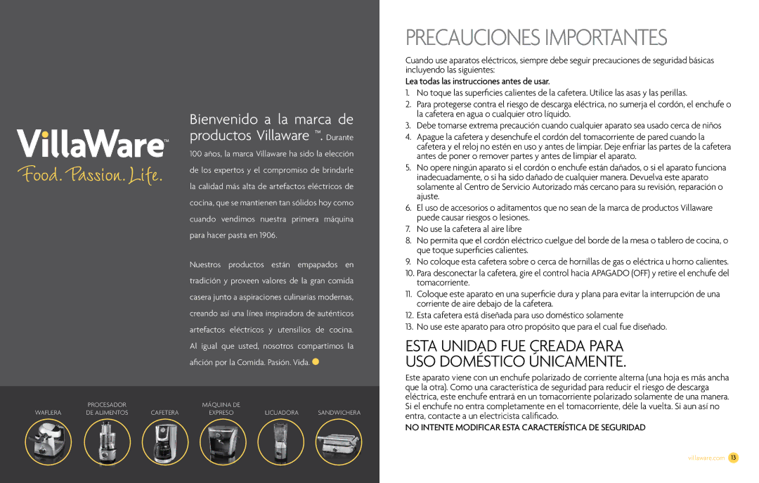 Villaware NDVLCD0000 owner manual Precauciones Importantes 