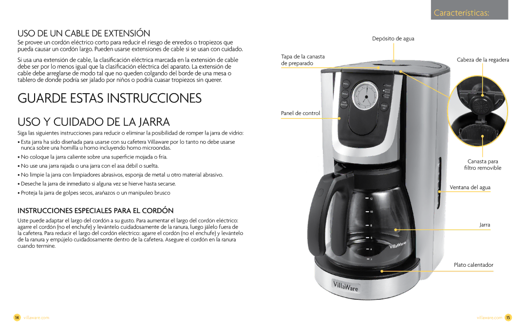 Villaware NDVLCD0000 owner manual Características, Instrucciones Especiales Para EL Cordón, Panel de control 