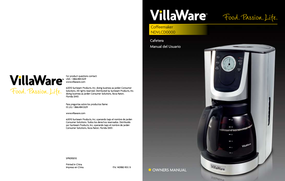 Villaware owner manual Coffeemaker NDVLCD0000, Cafetera Manual del Usuario 