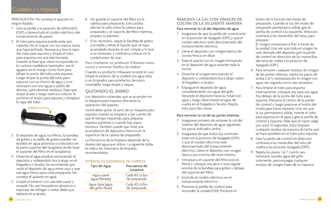 Villaware NDVLEM1000 owner manual Cuidado y Limpieza, Precaución No sumerja el aparato en ningún líquido 