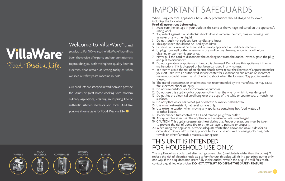 Villaware NDVLEM1000 owner manual Important Safeguards 